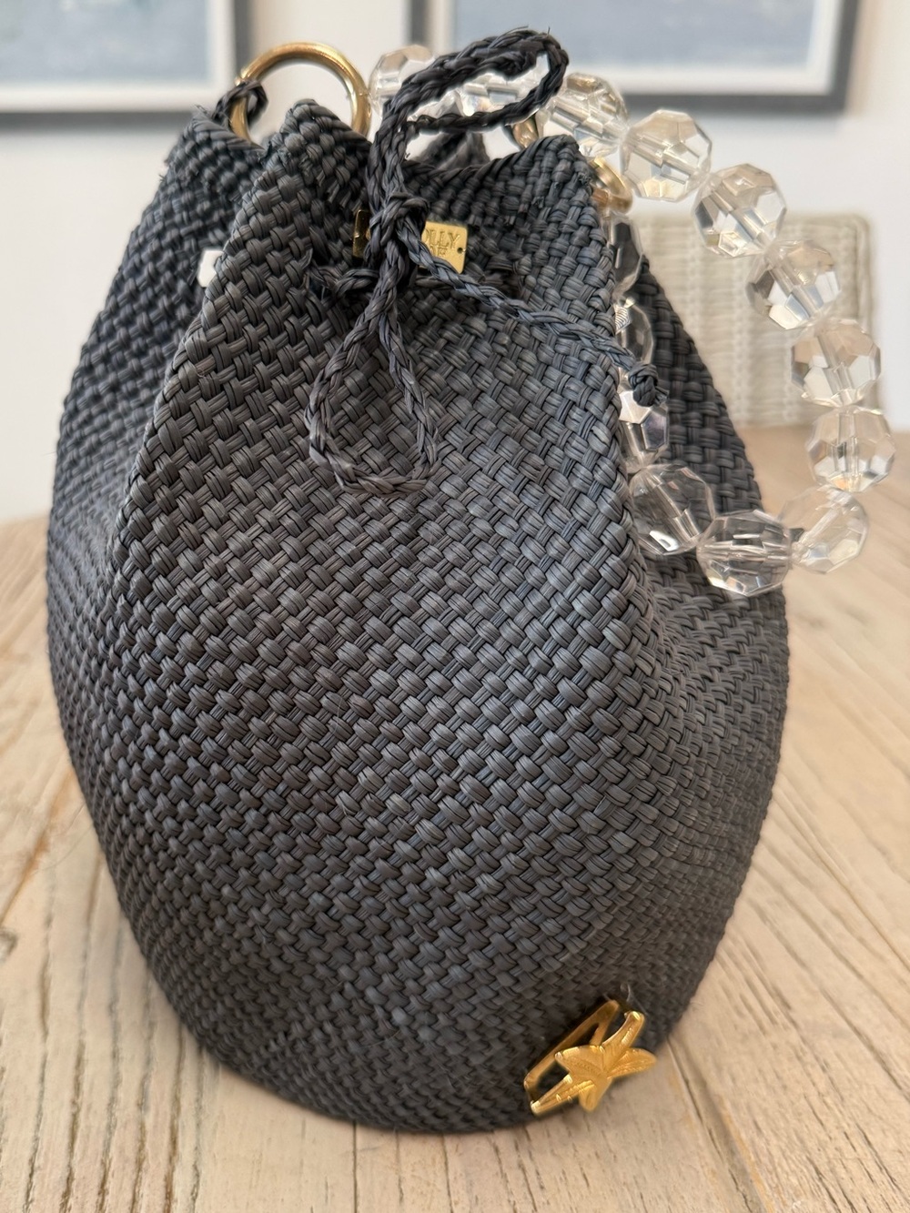 Holly Shae Woven Blue Bucket Bag  Crystal Bead Handle  Like New - Picture 7 of 7